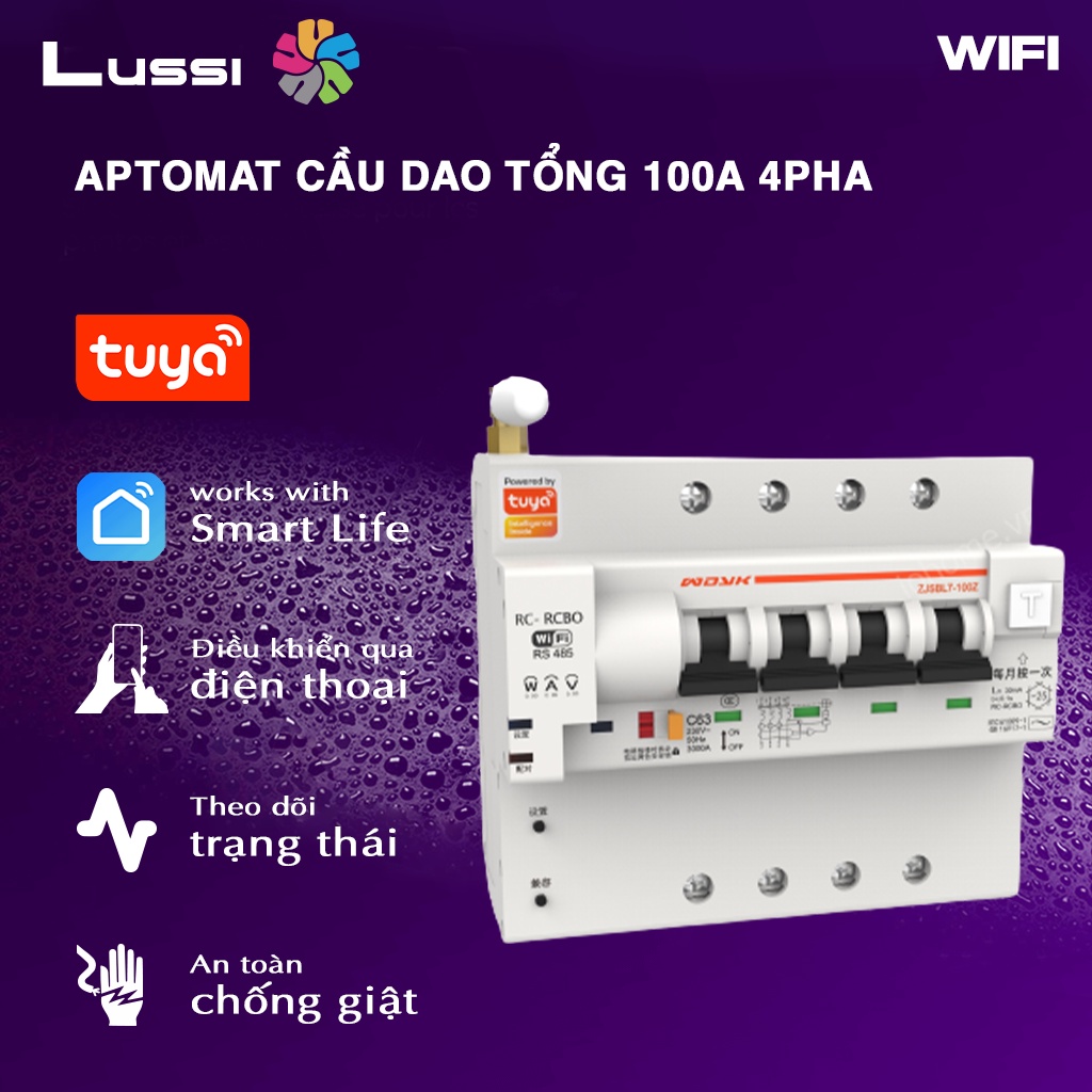 Aptomat cầu dao RCBO CB thông minh đo điện NAWNH chống giật công suất 100A - 4 pha