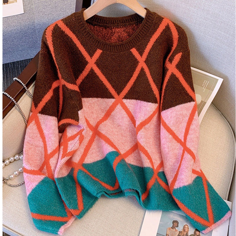 Áo sweater Dáng Rộng Thiết Kế Hình Thoi Độc Đáo Cho Nữ