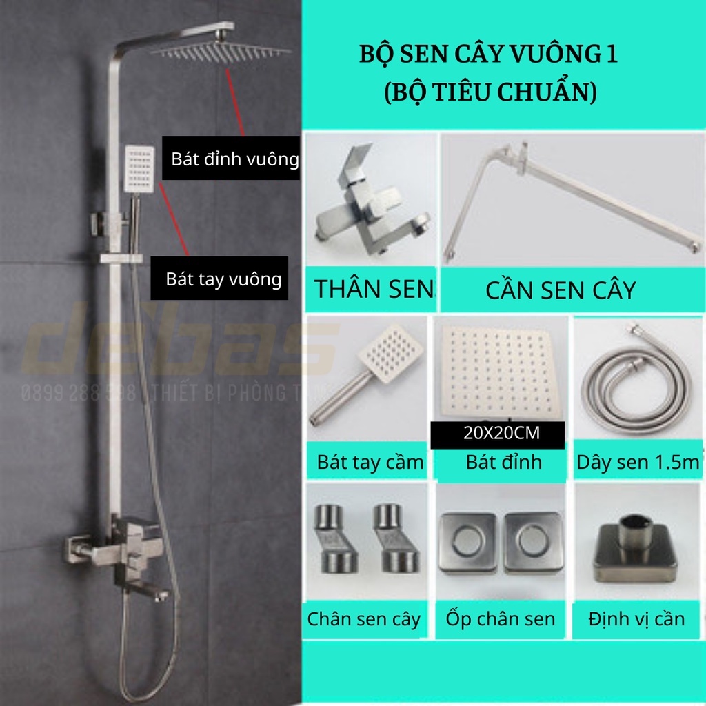 Sen cây inox 304 nóng lạnh vuông cao cấp tắm đứng Debas SCI-03