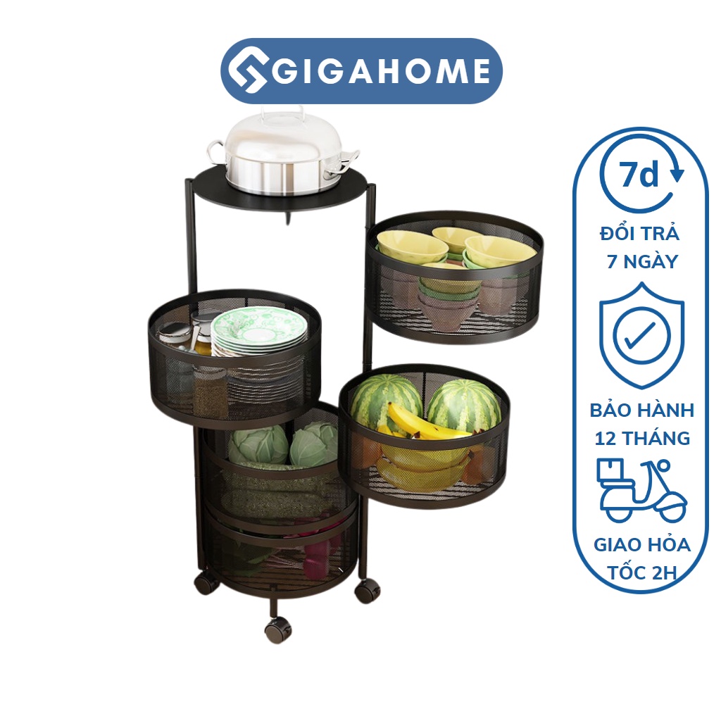 Kệ Nhà Bếp Xoay Tròn 5 Tầng GIGAHOME Đa Năng Có Bánh Xe Di Chuyển 87x30x30cm 9946