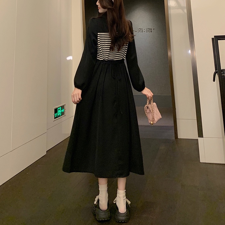 Đầm maxi SUXI dài tay cổ vuông họa tiết kẻ sọc phong cách Hàn Quốc thời trang cho nữ