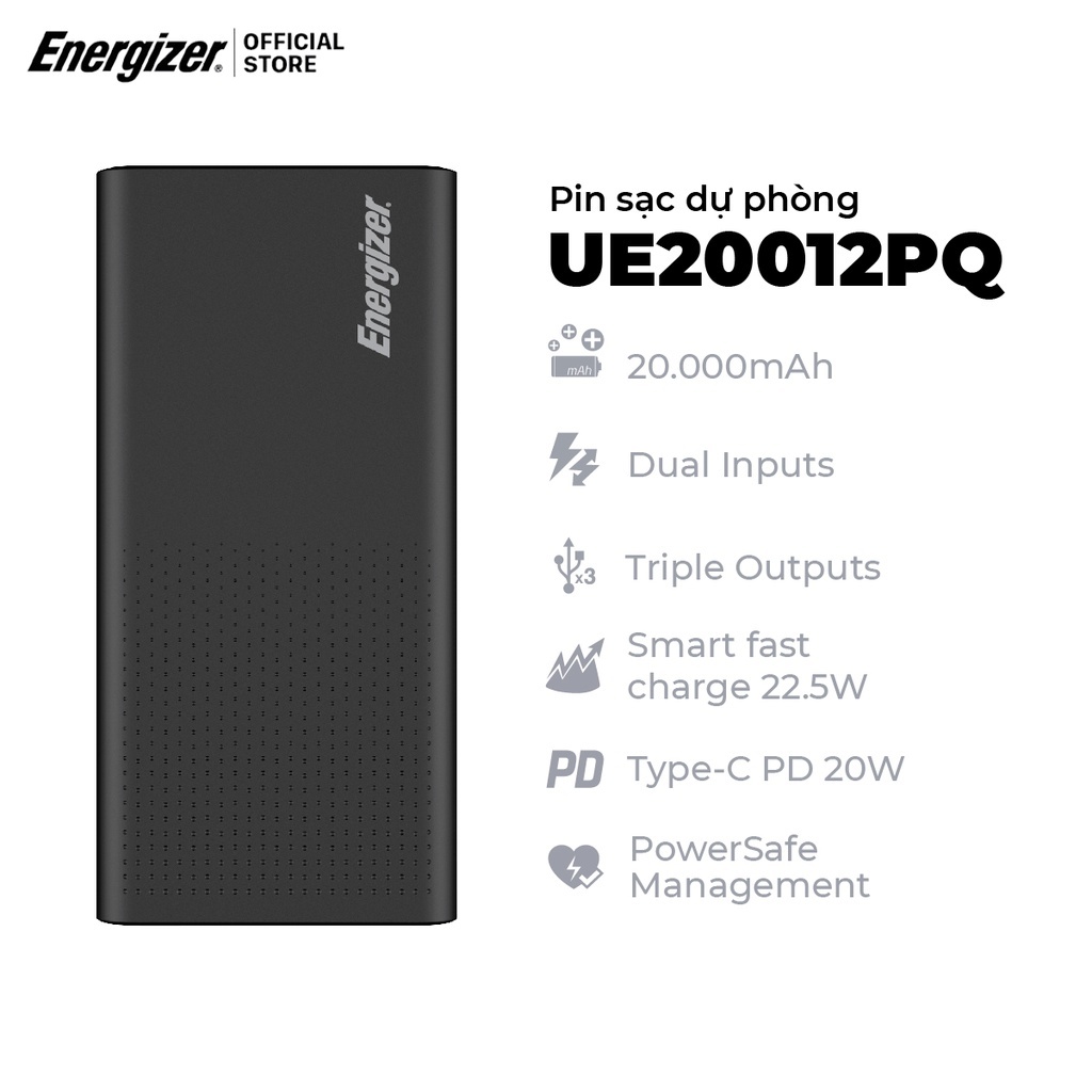 Pin dự phòng Energizer 20000mAh UE20012PQ – tích hợp sạc nhanh 2 chiều, 3 cổng sạc ra tiện lợi – Hàng chính hãng