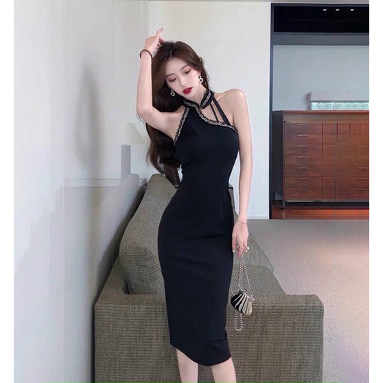 Đầm Váy Nữ Ôm Body Sườn Xám Đính Dây Cườm Đá  Thiết Kế Sang Chảnh Đi Làm Công Sở, Dạ Hội Và Du Lịch