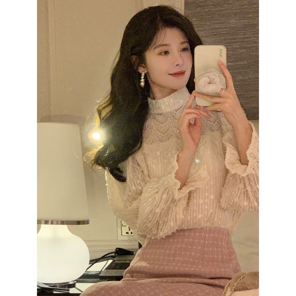 Áo Ren Cổ Cao Thời Trang Pháp 2022 Xinh Xắn