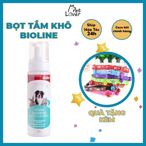 Bọt tắm khô Bioline cho chó mèo, chai 220g