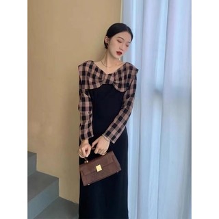 Đầm Midi Nữ Tay Dài Họa Tiết Caro Phong Cách Retro Thời Trang Thu Đông