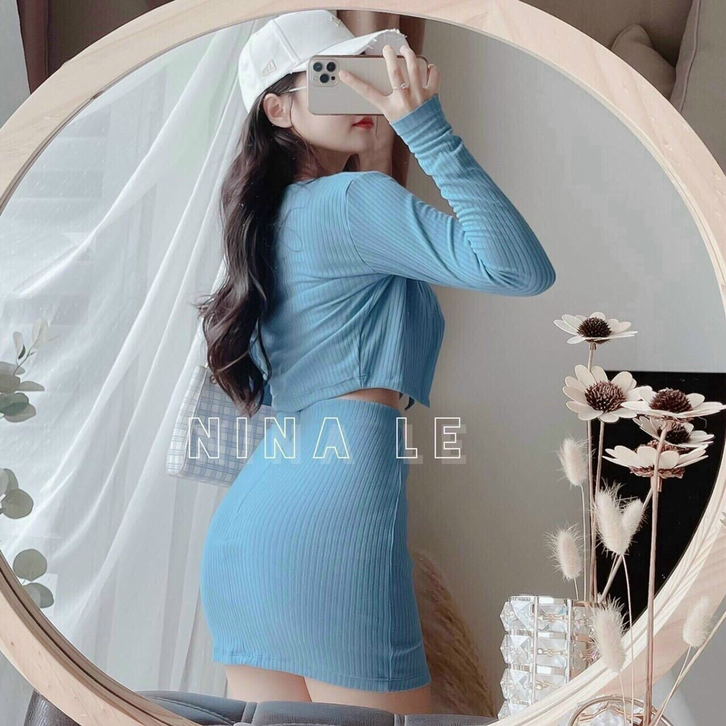 [11.11 Sale Freeship] Set bộ ba món,set thun gân áo khoác ngoài dài tay cột dây nơ kèm áo nót trong mix chân váy chữ A