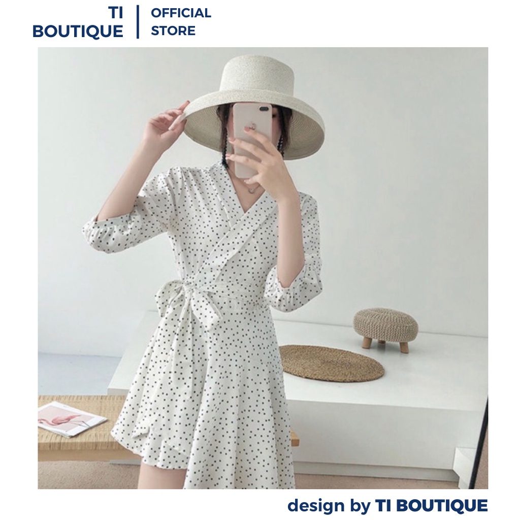 Đầm Váy Nữ Dáng Xòe Cổ V Chéo Tà Tay Dài Phồng Nhẹ Nhàng, Đầm Xinh Có Dây Cột Nơ Eo Họa Tiết Chấm Bi Đuôi Váy Lệch Tà