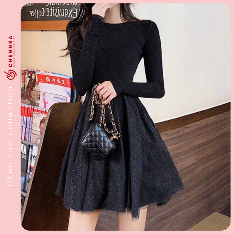 Váy len dài tay ChenHua đầm len nữ dáng ngắn chất len dày dặn đẹp VT13