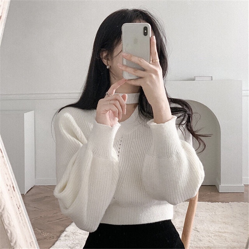 Áo dệt kim SUXI dài tay cổ chữ V trễ vai gợi cảm cho nữ