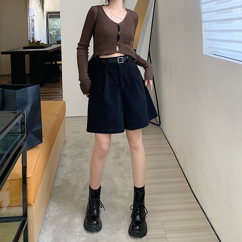 Quần short SUXI nhung kẻ lưng cao dáng rộng thời trang mùa thu cho nữ