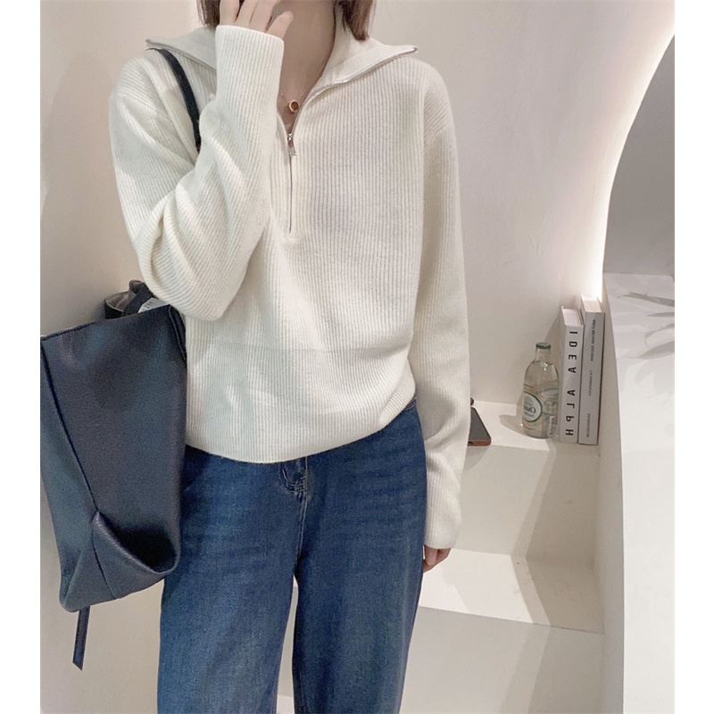 Áo dệt kim ZHELIHANGFEI tay dài dáng rộng phối khóa kéo phong cách Hàn Quốc dễ phối đồ