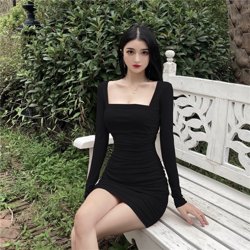 Váy body tay dài nhún sườn 2 bên siêu tôn dáng Hanna Studio