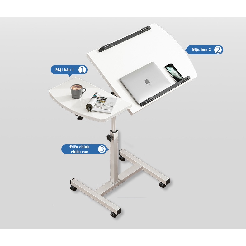 Bàn làm việc thay đổi chiều cao có bánh xe di chuyển dễ dàng, bàn để máy tính laptop kích thước nhỏ mặt bàn xoay 360 độ