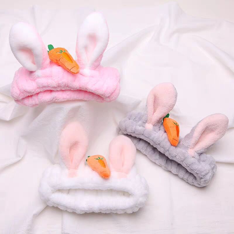 Băng Đô Rửa Mặt Tai Thỏ Carot 3D Bờm Rửa Mặt Vải Bông Nhung Xù