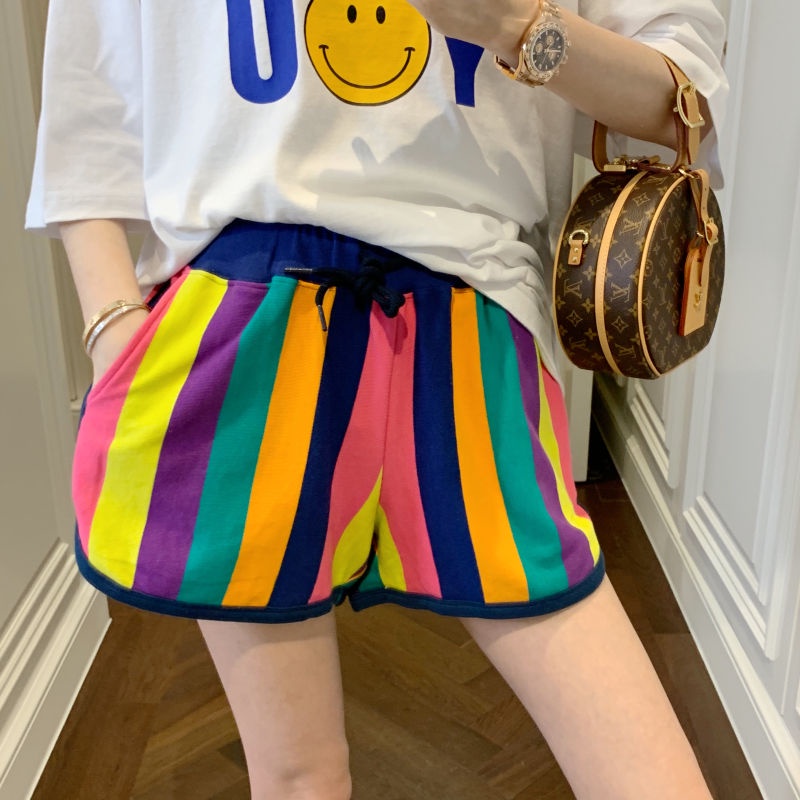 Quần short JSC dáng rộng chữ A lưng thun phối túi kẻ sọc cầu vồng thời trang cỡ lớn