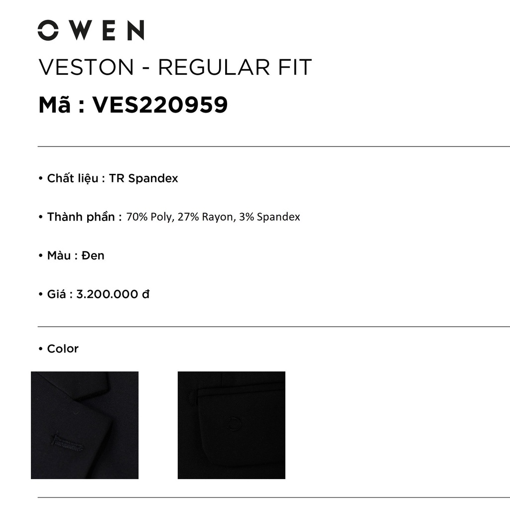 Bộ suit veston công sở nam cao cấp OWEN VES220959 áo vest comple màu đen vải polyester dáng suông một cúc tà xẻ hông