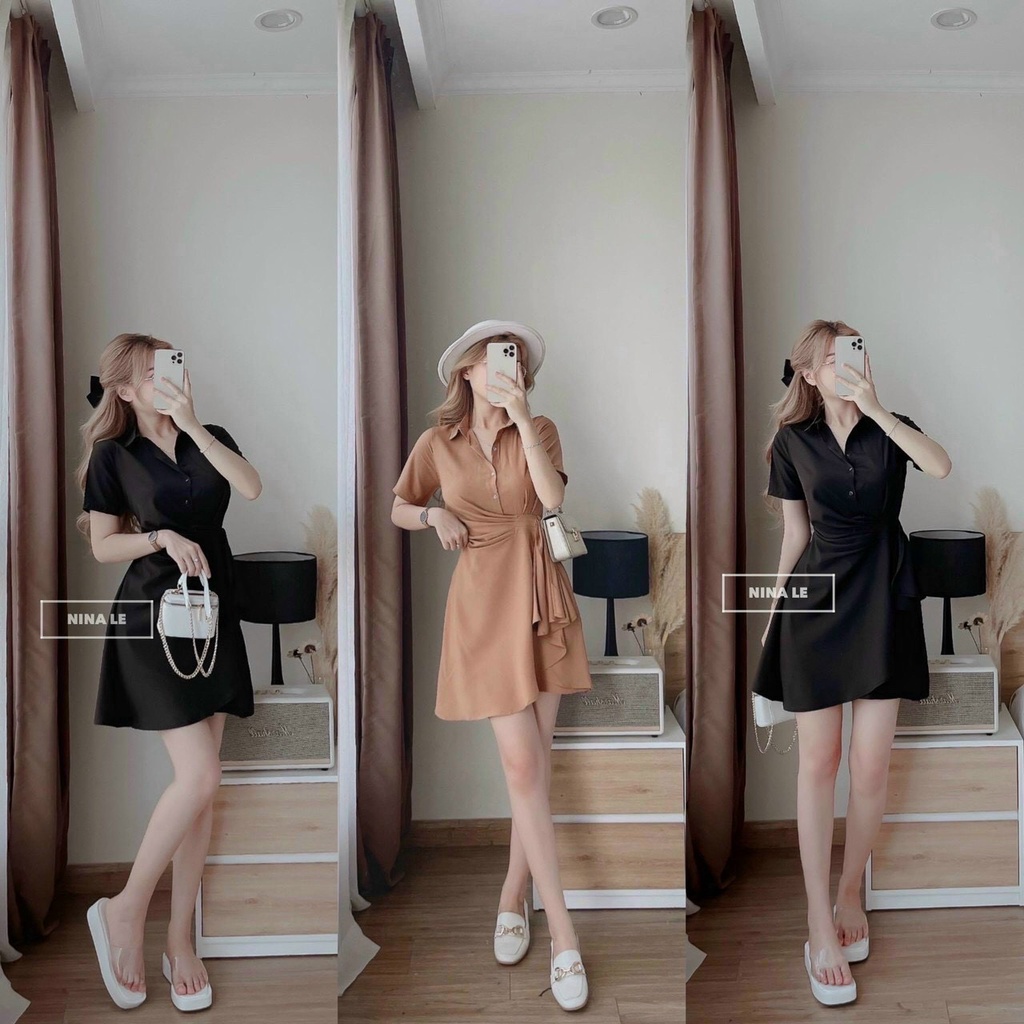 Đầm Váy Nữ Chất Liệu Đũi Cổ Sơ Mi Cái Nút Thật Nhún Xếp Ly Eo Thiết Kế Sang Chảnh Đi Làm Công Sở, Dạ Hội Và Du Lịch