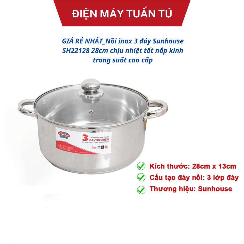 Nồi lẻ chảo rán inox 3 đáy Sunhouse, Goldsun chịu nhiệt tốt nắp kính 16-20- 24cm dùng được bếp ga , từ , hồng ngoại