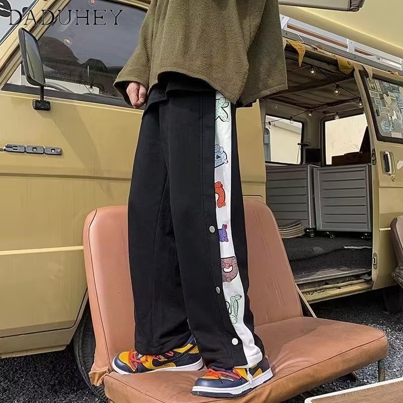 DaDuHey Men's Autumn Fashion Brand Baggy Straight Trousers Hong Kong Style Retro Trendy Breasted Casual Wide-Leg Pants