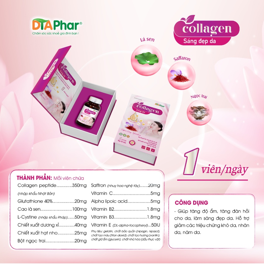 Viên uống Collagen DTAPhar hỗ trợ sáng đẹp da, tăng cường độ ẩm đàn hồi Hộp 30 viên