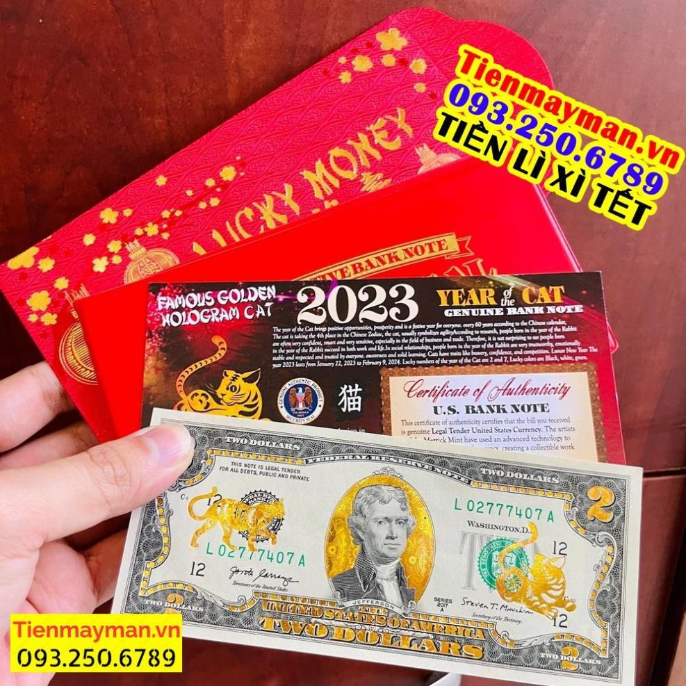 Tờ Tiền Lì Xì Tết 2 Đô Hình Mèo Vàng 3D của Mỹ, kèm bao da đỏ, sưu tầm lưu niệm, quà Tết, trang trí .