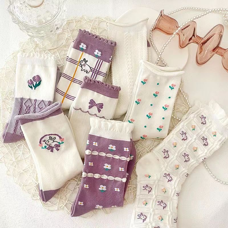 Đôi Vớ Cổ Cao Phối Ren Màu Tím Phong Cách lolita Dành Cho Nữ