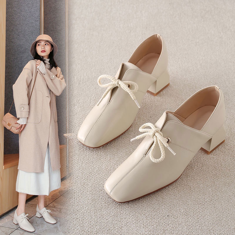 Hong Kong Premium shoes Giày Da Cao Gót Đế Dày Buộc Dây Phong Cách Hàn Quốc Cho Nữ