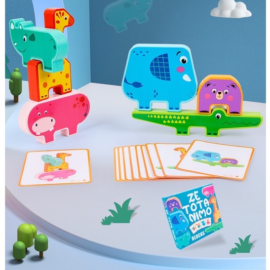 Trò chơi xếp hình thăng bằng bằng gỗ mẫu động vật Montessori Dễ Thương, rèn luyện sự kiên trì, khéo léo của bé