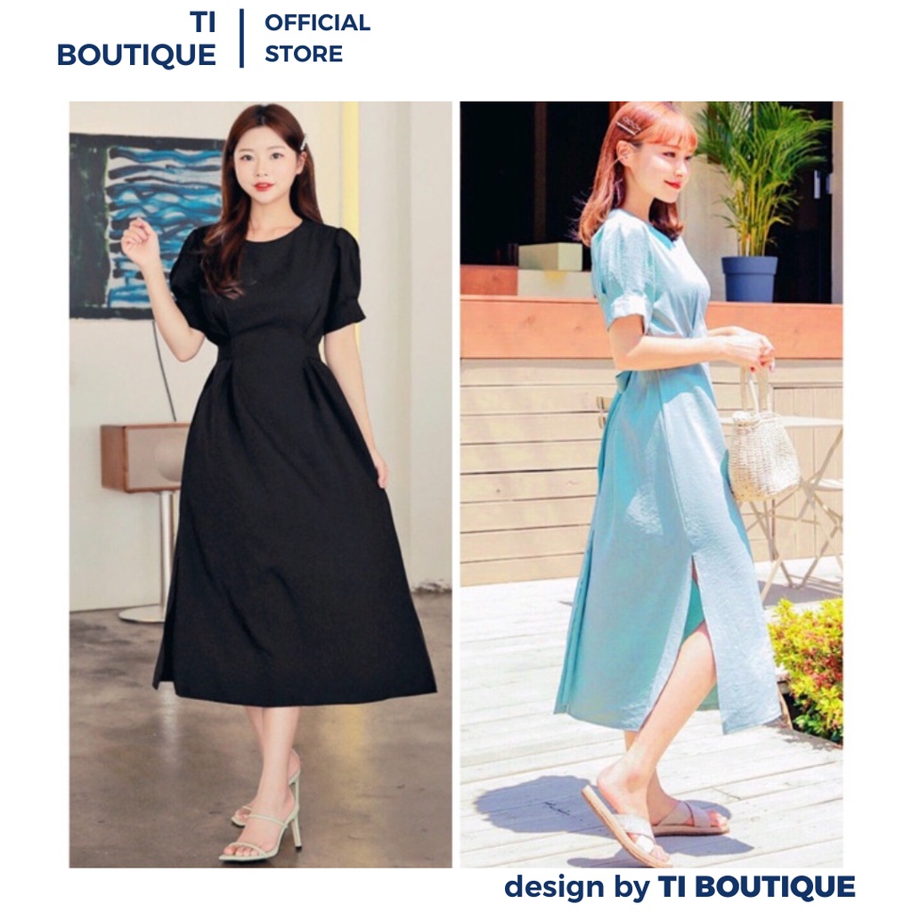 Đầm Công Sở Form Dài Xẻ Tà Bo Eo Thanh Lịch, Đầm Váy Nữ Dạo Phố Thắt Nơ Sau Tay Phồng Nhẹ Nhàng Nữ Tính