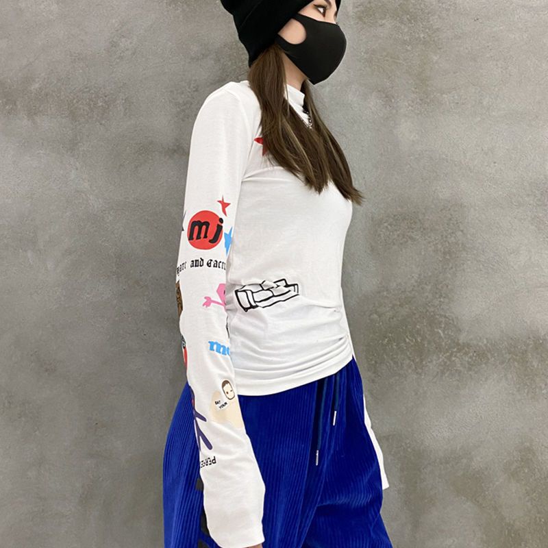 Jiashucheng Áo Thun Tay Dài Dáng Ôm In Họa Tiết Hạt Đậu Thạch Độc Đáo Phong Cách Hip-Hop Thời Trang Mới