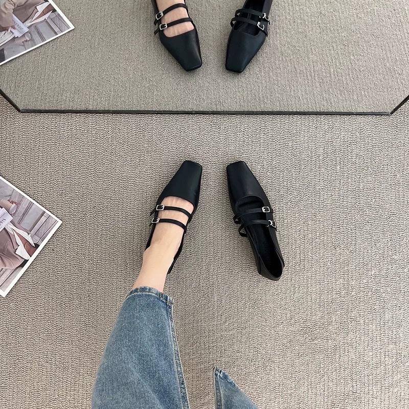 Giày bệt nữ mũi vuông hai quai ngang khóa thắt lưng