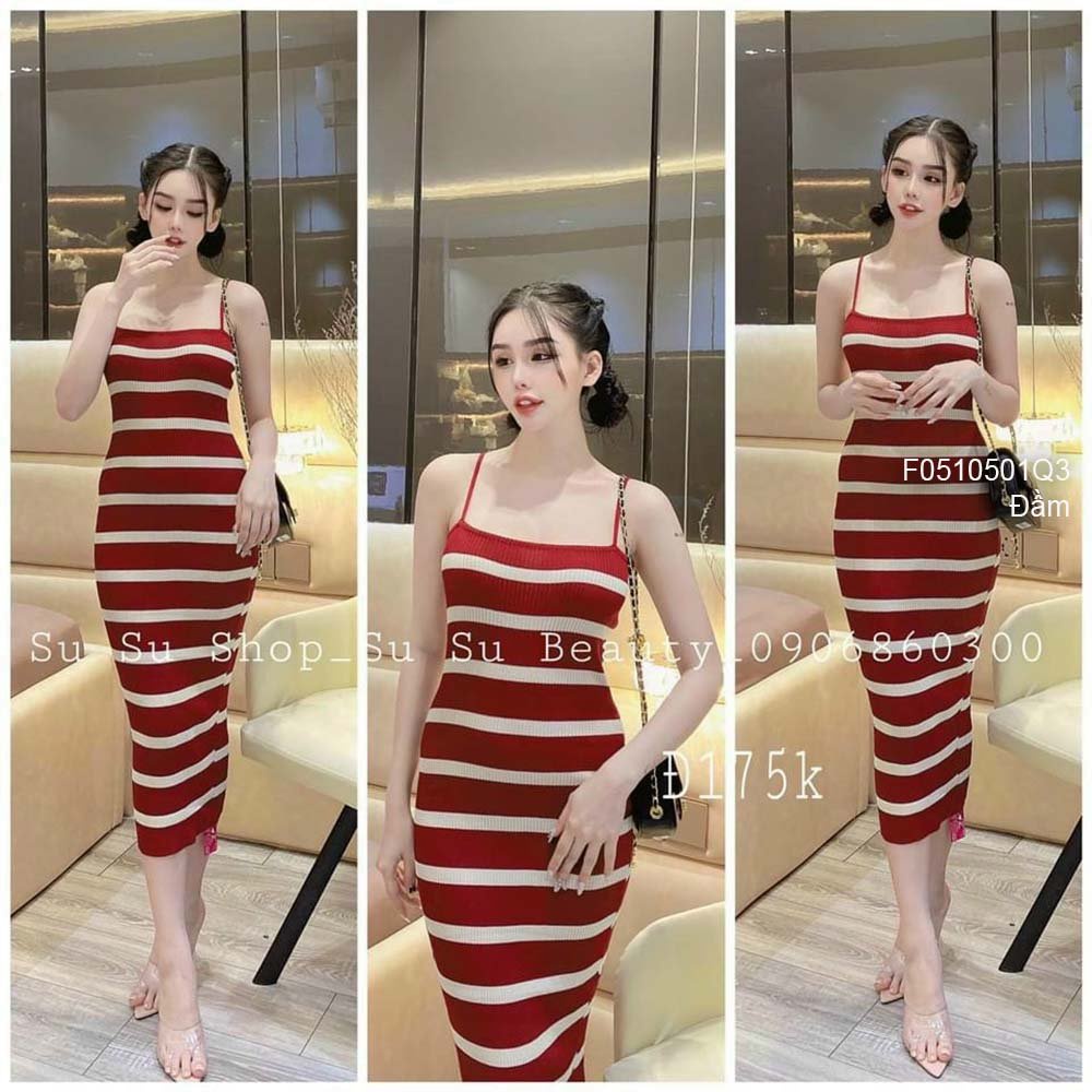 Đầm ôm body len kẻ sọc dáng dài 2 dây hàng QC!