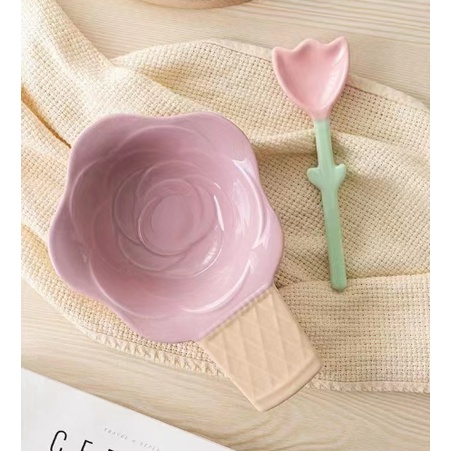 Thìa gốm hoa pastel THIA4 cute dễ thương thìa cơm muôi canh gốm sứ