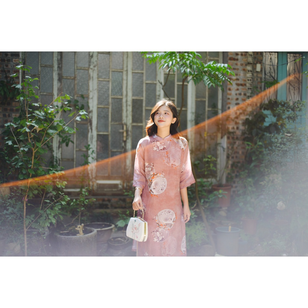 Áo dài linen tơ 2 lớp dáng suông AD555 - chim hạc màu hồng
