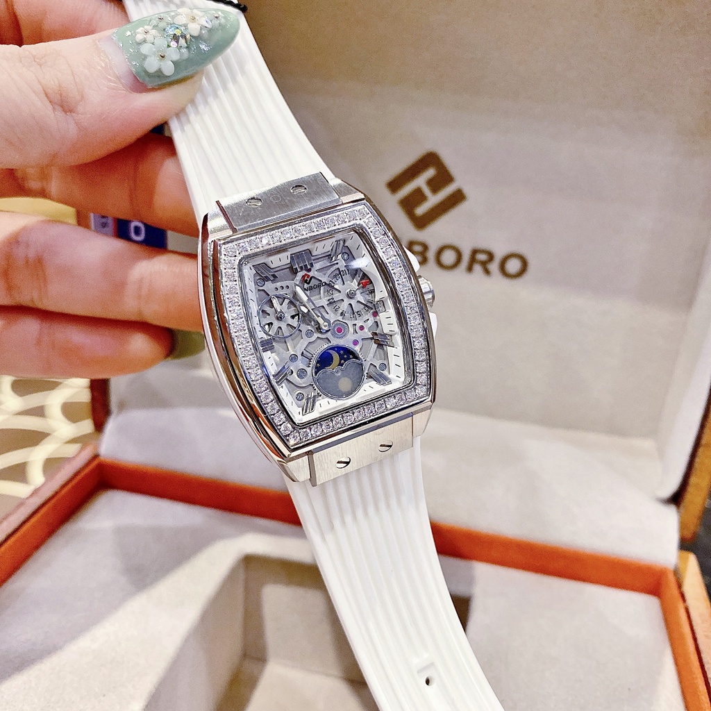 Đồng Hồ Nữ hanboro HBR677 Quartz , Dây Cao Su Màu Trắng , Size 36mm