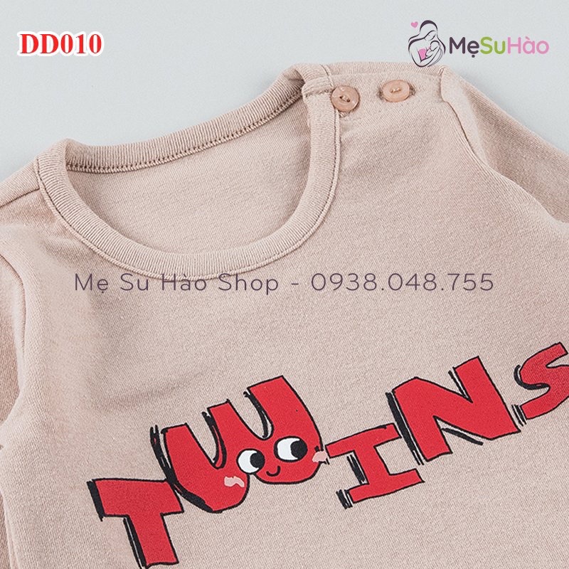 Bộ dài tay trẻ em thun Cotton dày dặn mẫu trơn chữ Twins hãng Cordi-i nội địa Hàn Quốc mã DD010
