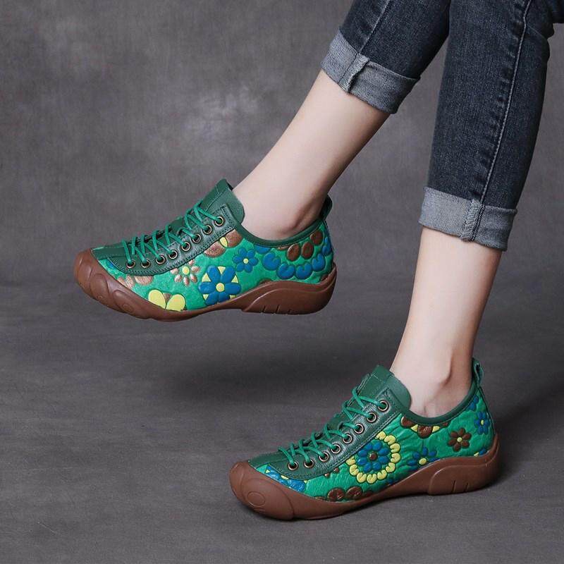 Giày Da Đế Bằng Thắt Dây Mềm Mại Thoải Mái Phong Cách Dân Tộc Cho Nữ