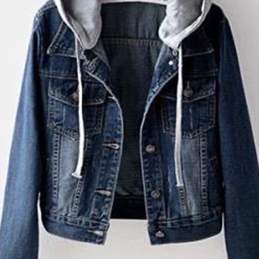 Áo Khoác Jean Tay Dài Có Nón Cài Nút Thời Trang Đường Phố Cho Nữ