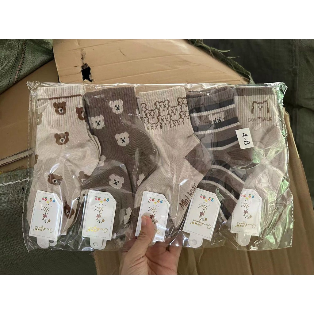Set 5 Đôi Tất Trẻ Em Cotton Cổ Cao Minibear Phối Hình Gấu Nâu Dễ Thương