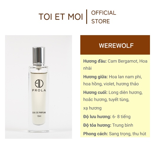 Nước Hoa Nam PROLA WEREWOLF Mùi hương Cam Bergamot Nam Tính, Mạnh Mẽ, Phóng Khoáng 15ml
