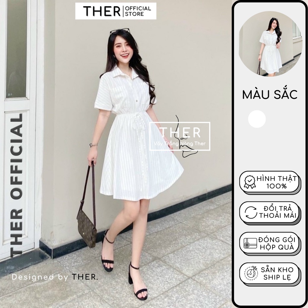 Đầm Nữ Đi Café Bo Eo Cột Dây Tay Ngắn Trẻ Trung, Đầm Sơ Mi Nữ Form Ngắn Xoè Màu Trắng Kẻ Sọc