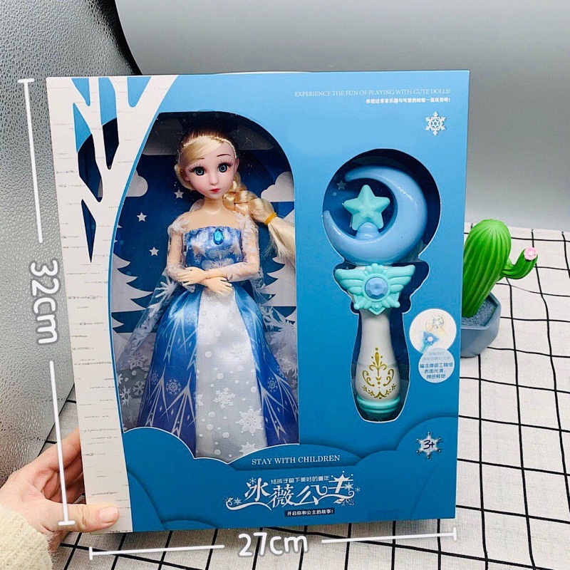 Búp bê Elsa 5D Nữ Hoàng Băng Giá  Kèm Gậy Phát Sáng Hàng Đẹp Cỡ To Tóc Mây Tết Tóc
