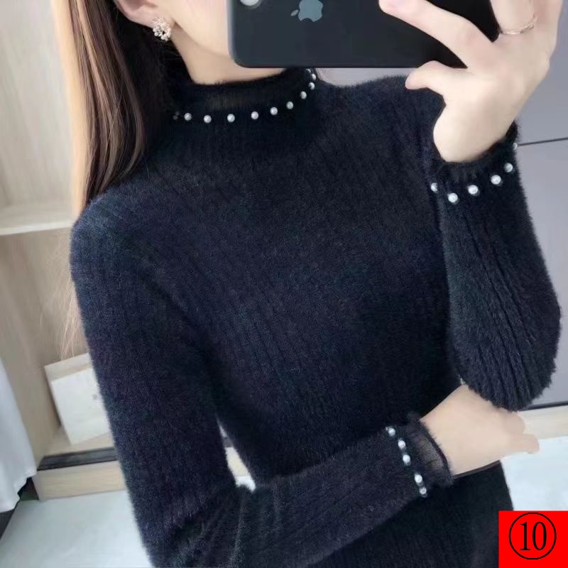 Áo Len Cổ Lọ Bằng Lông Cừu Nhân Tạo Phối Ren Dáng Ôm Phong Cách Mới Thời Trang Thu Đông Cho Nữ