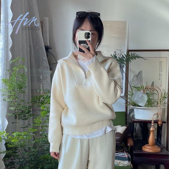 Áo Sweater Cổ Cao Dáng Rộng Phối Khóa Kéo Đơn Giản Theo Phong Cách Thu Đông Hàn Quốc Dành Cho Nữ