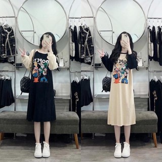 Đầm suông, Váy xuông tay dài in thuỷ thủ POPEYE cổ tròn tay màu dáng rộng xinh xắn hai màu dạo phố