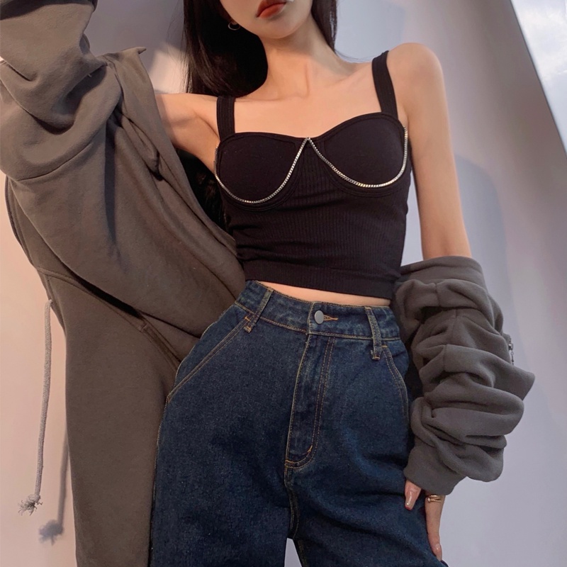 Áo Tank Top Trễ Vai Phối Dây Xích Dáng Ôm Thời Trang Quyến Rũ Cho Nữ