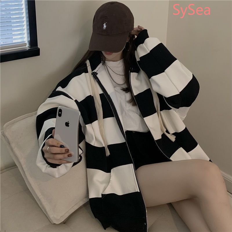 Áo Hoodie Form Rộng Họa Tiết Kẻ Sọc Phong Cách Hàn Quốc