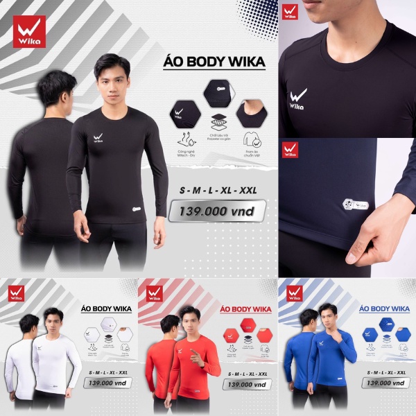 Áo giữ nhiệt nam chính hãng, Áo body dài tay Wika vải thun lạnh co giãn 4 chiều chơi thể thao đá bóng tập Gym
