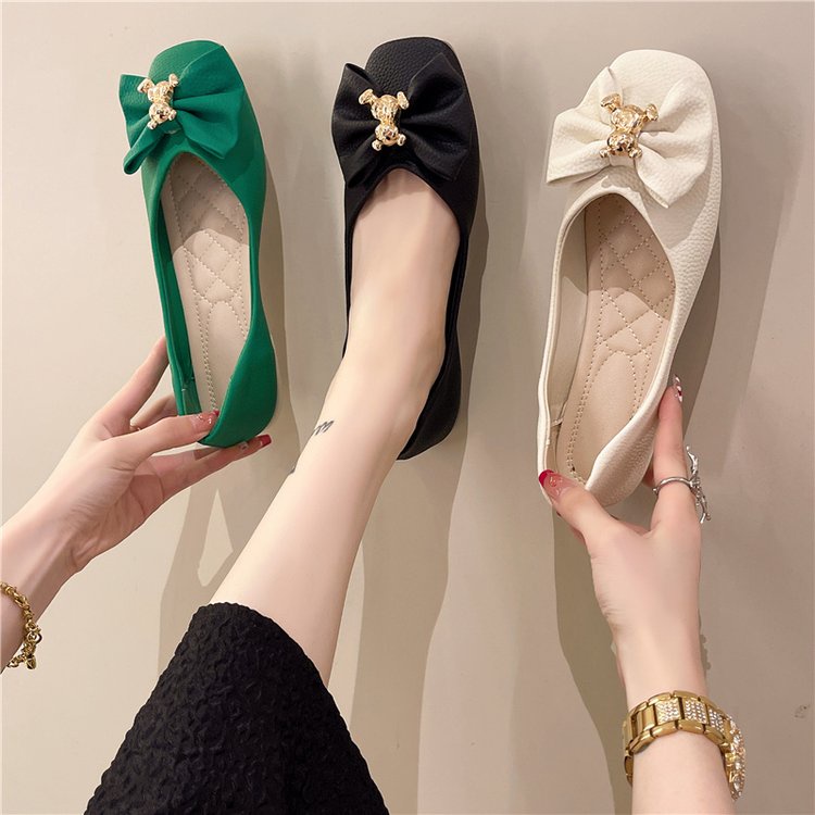 Giày Búp Bê Mũi Tròn Đính Nơ Màu Trơn Đơn Giản Thời Trang Cho Nữ